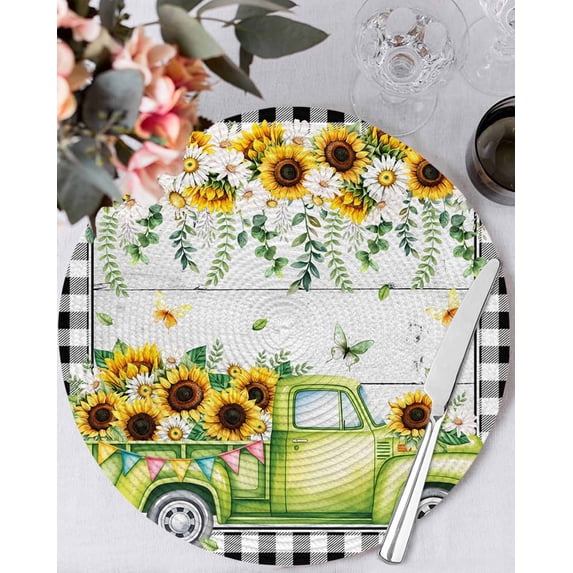 13 Inch Round Placemats Set of 6, Sunflowers Non Slip Heat Insulation PP Table Mats, Spring Farmhouse Country Truck Leaf Wood Grain Washable Place Mats for Kitchen Dining Party Table Decor