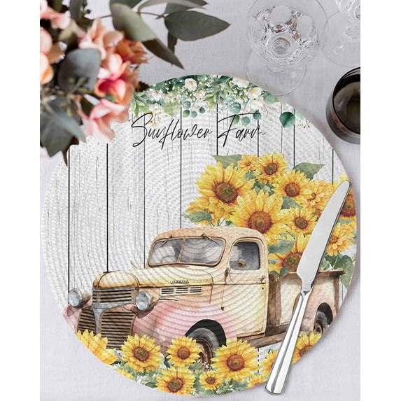13 Inch Round Placemats Set of 6, Sunflowers Trucks Non Slip Heat Insulation PP Table Mats, Spring Farmhouse Eucalyptus Gray Wooden Washable Place Mats for Kitchen Dining Party Table Decor