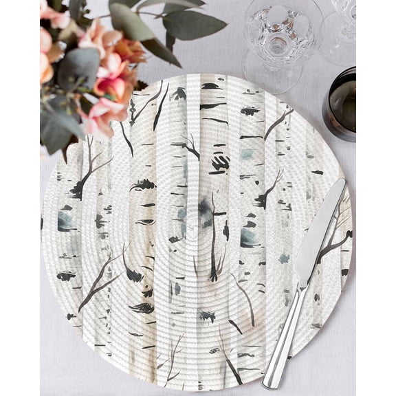 13 Inch Round Placemats Set of 6, Taupe Tree Non Slip Heat Insulation PP Table Mats, Forest Birch Trees Modern Abstract Art Washable Place Mats for Kitchen Dining Party Table Decor