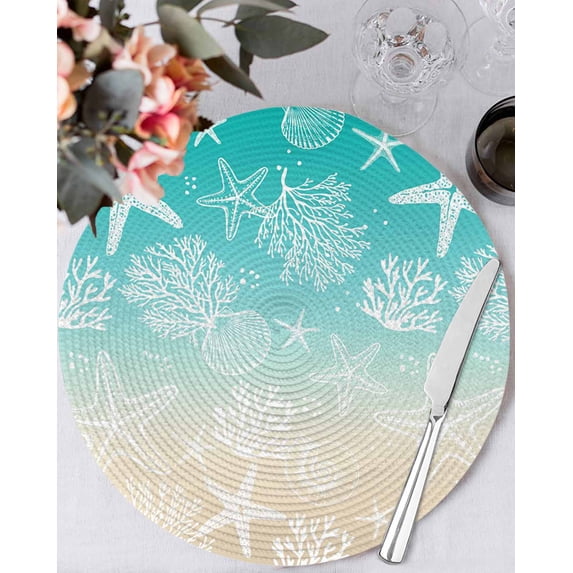 13 Inch Round Placemats Set of 6, Teal Beige Ombre Coastal Non Slip Heat Insulation PP Table Mats, Nautical Beach Starfish Coral Summer Washable Place Mats for Kitchen Dining Party Table Decor