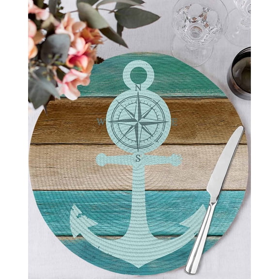 13 Inch Round Placemats Set of 6, Teal Blue Anchor Non Slip Heat Insulation PP Table Mats, Nautical Coastal Ocean Wooden Retro Art Washable Place Mats for Kitchen Dining Party Table Decor