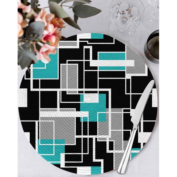 13 Inch Round Placemats Set of 6, Teal Blue Black Geometric Non Slip Heat Insulation PP Table Mats, Modern Abstract Art Block Washable Place Mats for Kitchen Dining Party Table Decor
