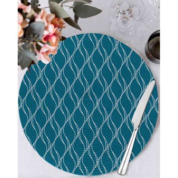 13 Inch Round Placemats Set of 6, Teal Blue Stripes Non Slip Heat Insulation PP Table Mats, Simple Geometric Modern Monochrome Washable Place Mats for Kitchen Dining Party Table Decor