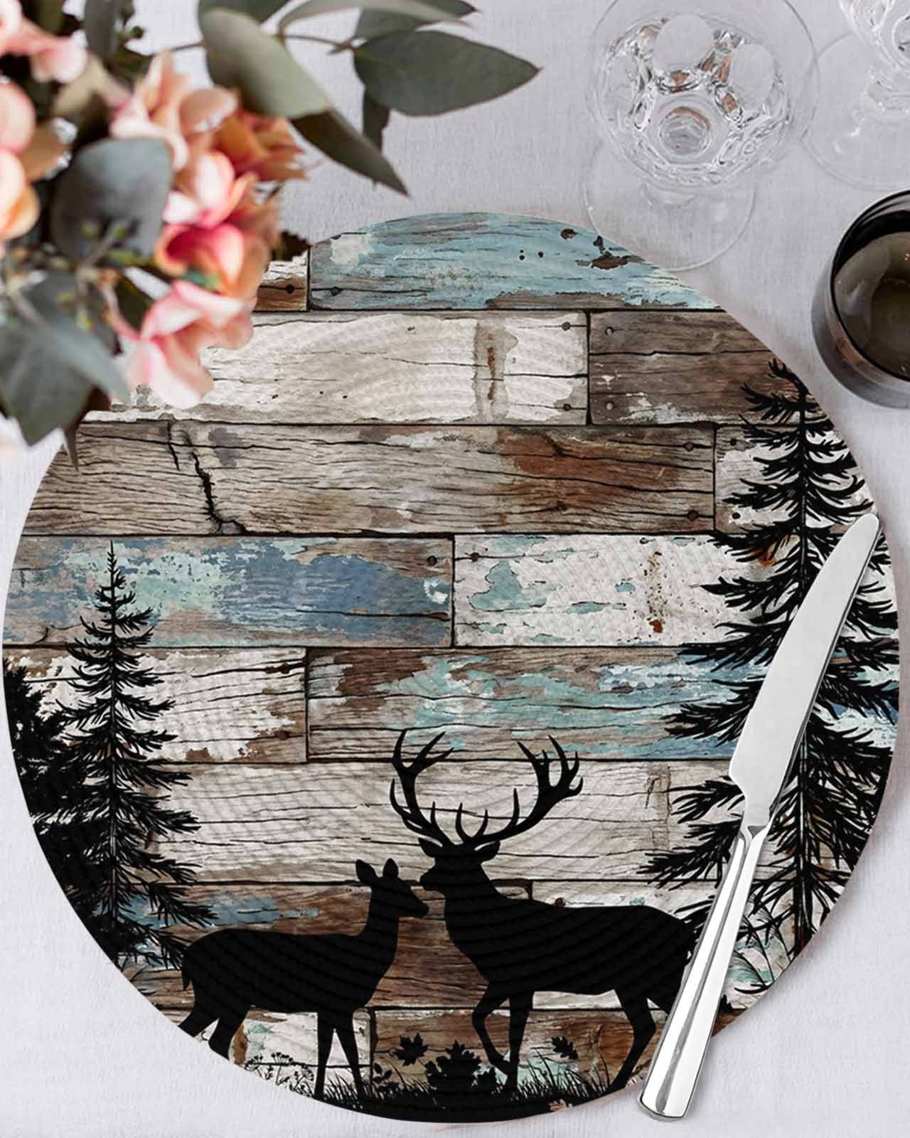 13 Inch Round Placemats Set of 6, Teal Brown Deer Silhouettes Non Slip ...
