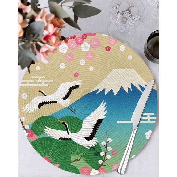 13 Inch Round Placemats Set of 6, Teal Brown Mountain Non Slip Heat Insulation PP Table Mats, Farmhouse Cherry Blossoms Cranes Washable Place Mats for Kitchen Dining Party Table Decor