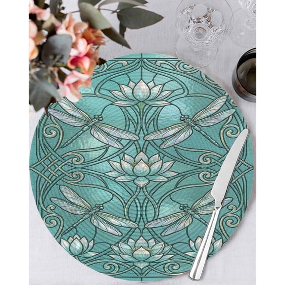 13 Inch Round Placemats Set of 6, Teal Dragonfly Non Slip Heat Insulation PP Table Mats, Vintage Geometric Glass Animal Flower Washable Place Mats for Kitchen Dining Party Table Decor