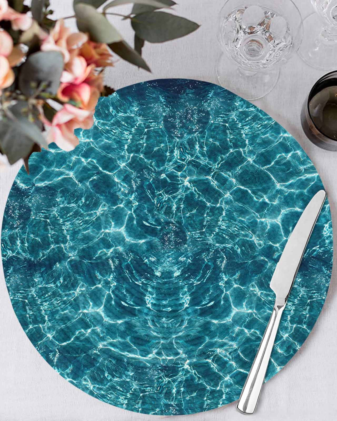 13 Inch Round Placemats Set of 6, Teal Green Ocean Waves Non Slip Heat ...