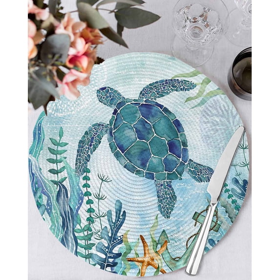13 Inch Round Placemats Set of 6, Teal Green Sea Turtle Non Slip Heat Insulation PP Table Mats, Coastal Summer Beach Seaweed Washable Place Mats for Kitchen Dining Party Table Decor