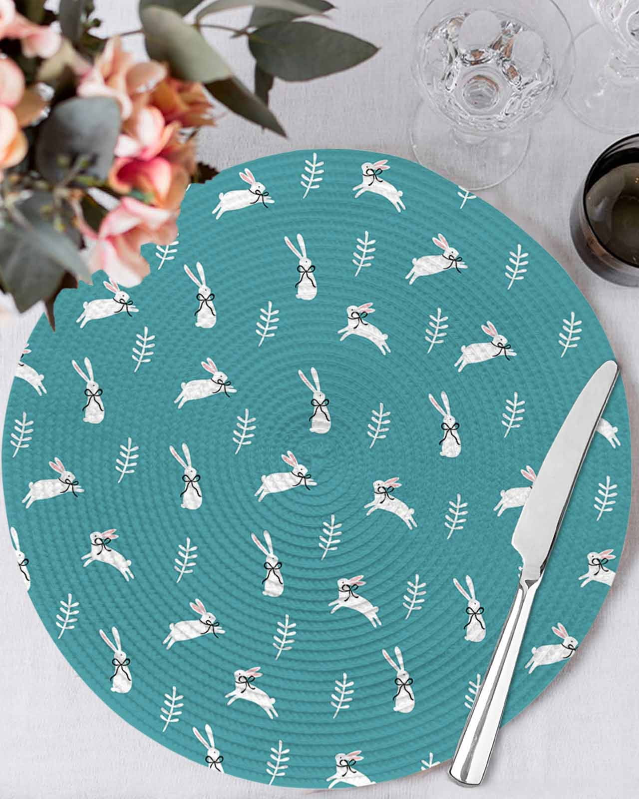 13 Inch Round Placemats Set of 6, Teal Spring Easter Non Slip Heat ...