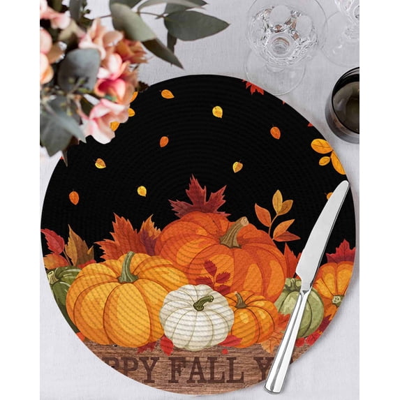 13 Inch Round Placemats Set of 6, Thanksgiving Fall Non Slip Heat Insulation PP Table Mats, Farmhouse Orange Green Pumpkin Leaves Washable Place Mats for Kitchen Dining Party Table Decor