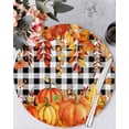 thumbnail image 1 of 13 Inch Round Placemats Set of 6, Thanksgiving Non Slip Heat Insulation PP Table Mats, Autumn Orange Red Pumpkin Leaf Plaid Black Washable Place Mats for Kitchen Dining Party Table Decor, 1 of 7