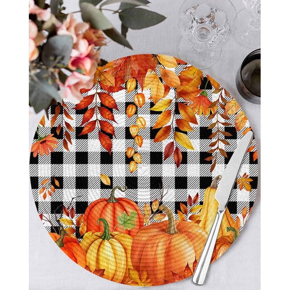 13 Inch Round Placemats Set of 6, Thanksgiving Non Slip Heat Insulation PP Table Mats, Autumn Orange Red Pumpkin Leaf Plaid Black Washable Place Mats for Kitchen Dining Party Table Decor