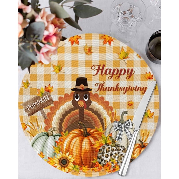 13 Inch Round Placemats Set of 6, Thanksgiving Non Slip Heat Insulation PP Table Mats, Fall Orange Pumpkin Turkey Maple Leaf Plaid Washable Place Mats for Kitchen Dining Party Table Decor