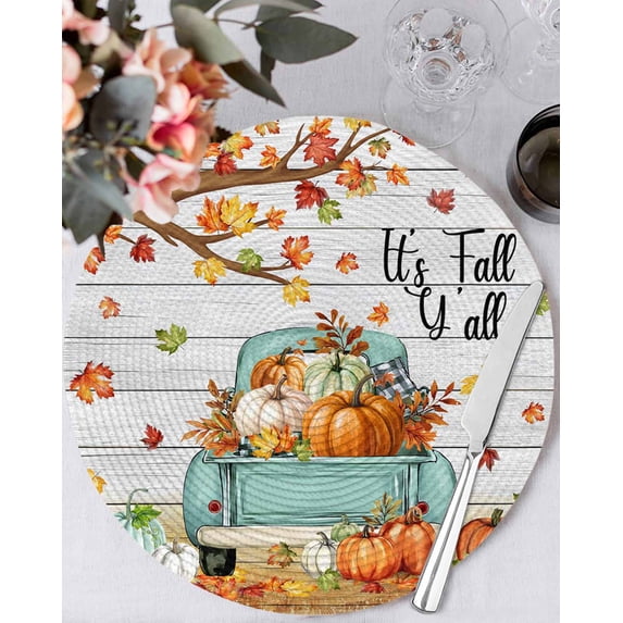 13 Inch Round Placemats Set of 6, Thanksgiving Non Slip Heat Insulation PP Table Mats, Maple Leaf Farm Pumpkin White Wood Grain Washable Place Mats for Kitchen Dining Party Table Decor