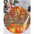 thumbnail image 1 of 13 Inch Round Placemats Set of 6, Thanksgiving Pumpkin Non Slip Heat Insulation PP Table Mats, Orange Red Gold Leaf Brown Wood Washable Place Mats for Kitchen Dining Party Table Decor, 1 of 7
