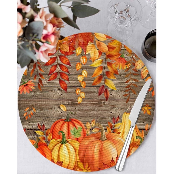 13 Inch Round Placemats Set of 6, Thanksgiving Pumpkin Non Slip Heat Insulation PP Table Mats, Orange Red Gold Leaf Brown Wood Washable Place Mats for Kitchen Dining Party Table Decor