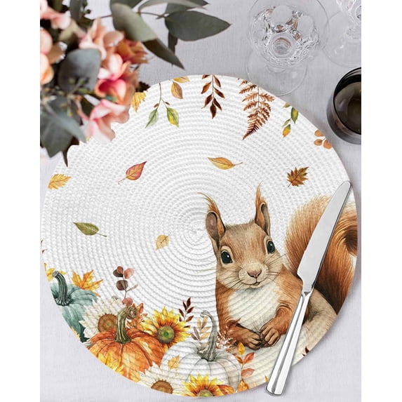 13 Inch Round Placemats Set of 6, Thanksgiving Squirrel Non Slip Heat Insulation PP Table Mats, Fall Pumpkins Sunflower Autumn Washable Place Mats for Kitchen Dining Party Table Decor