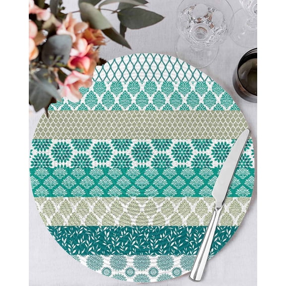 13 Inch Round Placemats Set of 6, Turquoise Boho Non Slip Heat Insulation PP Table Mats, Modern Abstract Art Floral Geometric Washable Place Mats for Kitchen Dining Party Table Decor