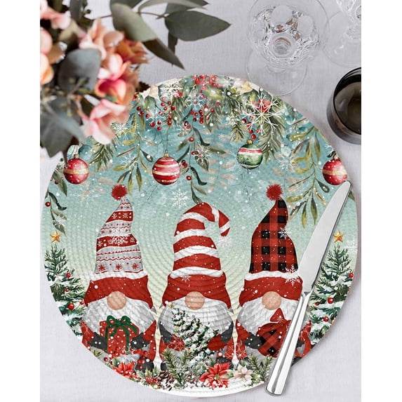 13 Inch Round Placemats Set of 6, Turquoise Christmas Non Slip Heat Insulation PP Table Mats, Gnomes Xmas Tree Poinsettia Eucalyptus Washable Place Mats for Kitchen Dining Party Table Decor
