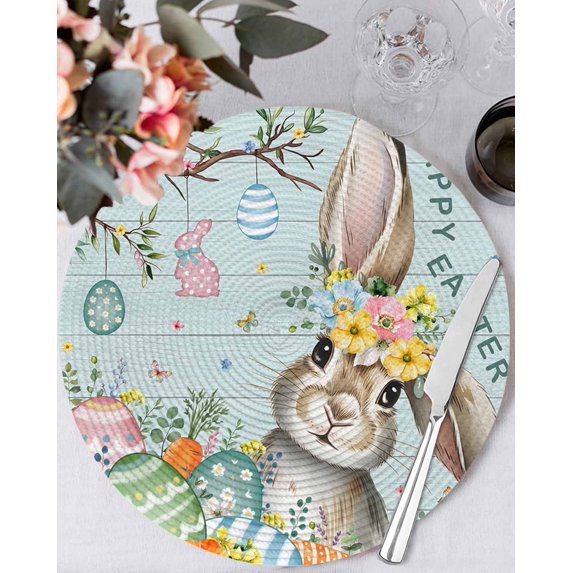 13 Inch Round Placemats Set of 6, Turquoise Easter Bunny Non Slip Heat Insulation PP Table Mats, Spring Easter Eggs Floral Wooden Washable Place Mats for Kitchen Dining Party Table Decor