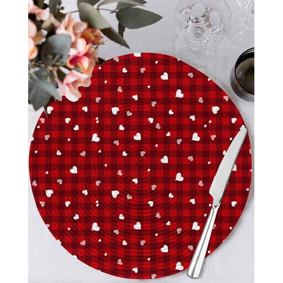 13 Inch Round Placemats Set of 6, Valentine's Day Non Slip Heat Insulation PP Table Mats, Love Romantic Red Plaid Vintage Washable Place Mats for Kitchen Dining Party Table Decor