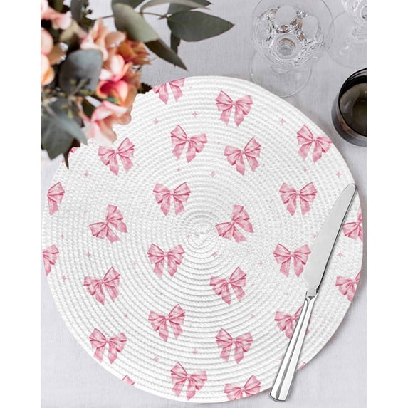 13 Inch Round Placemats Set of 6, Valentine's Day Non Slip Heat Insulation PP Table Mats, Pink Bows Shining Stars Simple Art Washable Place Mats for Kitchen Dining Party Table Decor