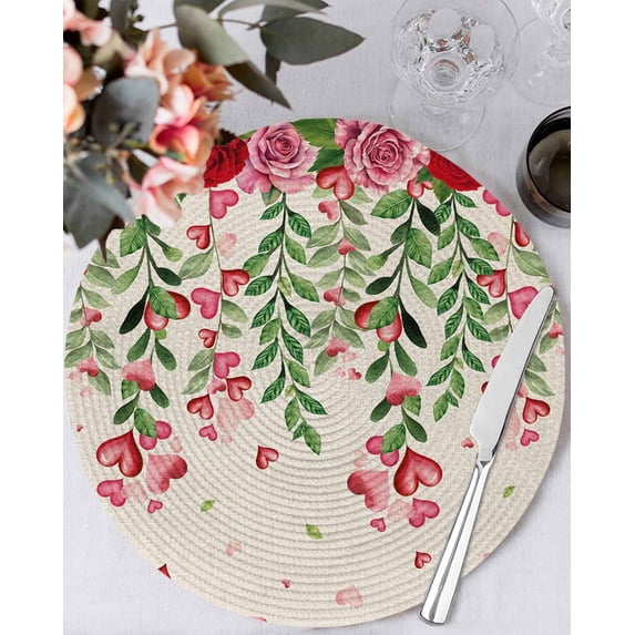 13 Inch Round Placemats Set of 6, Valentine's Day Non Slip Heat Insulation PP Table Mats, Pink Red Roses Love Heart Eucalyptus Burlap Washable Place Mats for Kitchen Dining Party Table Decor