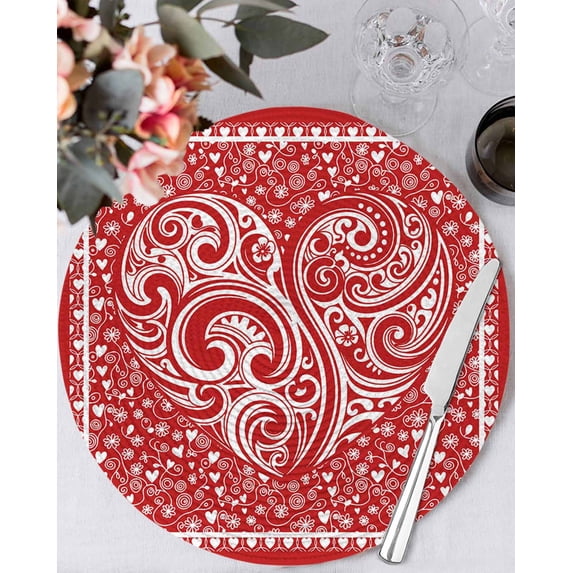 13 Inch Round Placemats Set of 6, Valentine's Day Non Slip Heat Insulation PP Table Mats, Red Love Retro Country Abstract Art Washable Place Mats for Kitchen Dining Party Table Decor