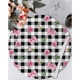 thumbnail image 1 of 13 Inch Round Placemats Set of 6, Valentine's Day Non Slip Heat Insulation PP Table Mats, Spring Roses Pink Bows Black White Plaid Washable Place Mats for Kitchen Dining Party Table Decor, 1 of 7