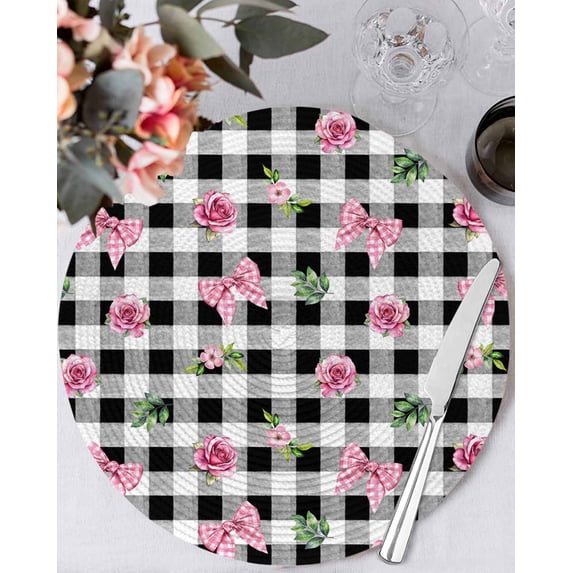 13 Inch Round Placemats Set of 6, Valentine's Day Non Slip Heat Insulation PP Table Mats, Spring Roses Pink Bows Black White Plaid Washable Place Mats for Kitchen Dining Party Table Decor