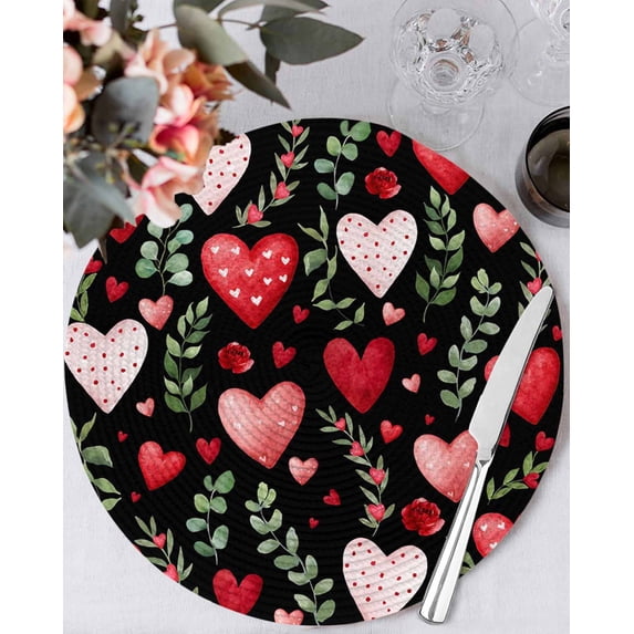13 Inch Round Placemats Set of 6, Valentines Non Slip Heat Insulation PP Table Mats, Pink Red Love Heart Green Botanical Black Washable Place Mats for Kitchen Dining Party Table Decor