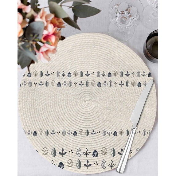 13 Inch Round Placemats Set of 6, Vintage Botanical Non Slip Heat Insulation PP Table Mats, Herb on Beige Leaves Retro Country Washable Place Mats for Kitchen Dining Party Table Decor