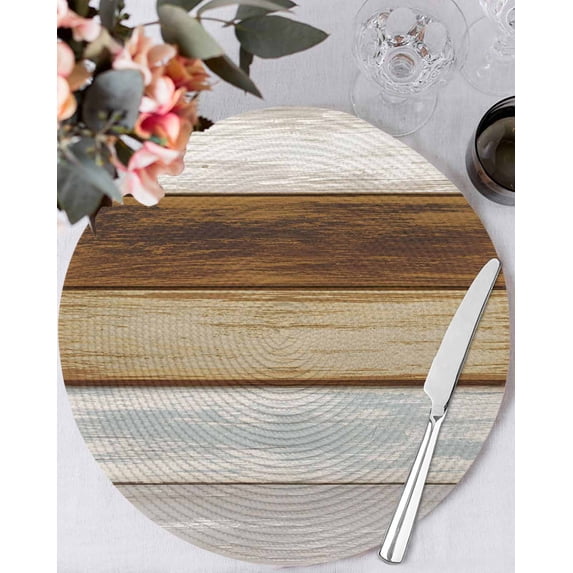 13 Inch Round Placemats Set of 6, Vintage Brown Wood Non Slip Heat Insulation PP Table Mats, Farmhouse Wooden Plank Rustic Washable Place Mats for Kitchen Dining Party Table Decor