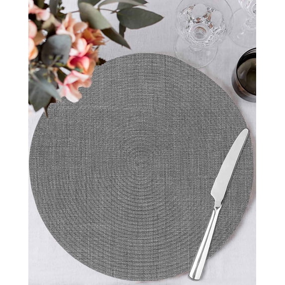 13 Inch Round Placemats Set of 6, Vintage Dark Gray Non Slip Heat Insulation PP Table Mats, Farmhouse Retro Solid Color Linen Texture Washable Place Mats for Kitchen Dining Party Table Decor