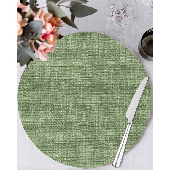 13 Inch Round Placemats Set of 6, Vintage Forest Green Non Slip Heat Insulation PP Table Mats, Farmhouse Retro Solid Color Linen Texture Washable Place Mats for Kitchen Dining Party Table Decor