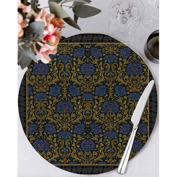 13 Inch Round Placemats Set of 6, Vintage Navy Blue Roses Non Slip Heat Insulation PP Table Mats, Abstract Art Floral Green Leaves Washable Place Mats for Kitchen Dining Party Table Decor