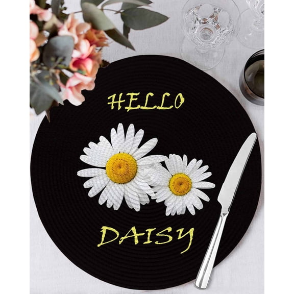 13 Inch Round Placemats Set of 6, White Daisy Non Slip Heat Insulation PP Table Mats, Spring Hello Daisy Floral Black Washable Place Mats for Kitchen Dining Party Table Decor