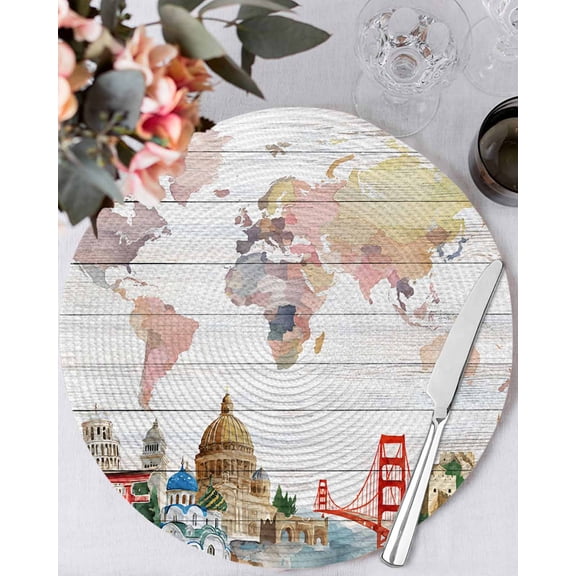 13 Inch Round Placemats Set of 6, World Map Non Slip Heat Insulation PP Table Mats, Country Famous Building Tourism Bridge Wooden Washable Place Mats for Kitchen Dining Party Table Decor