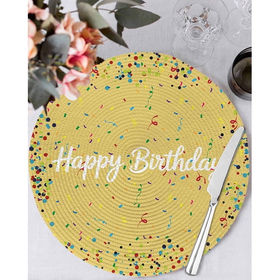 13 Inch Round Placemats Set of 6, Yellow Birthday Non Slip Heat Insulation PP Table Mats, Colorful Confetti Ribbons Polka Dots Classroom Washable Place Mats for Kitchen Dining Party Table Decor