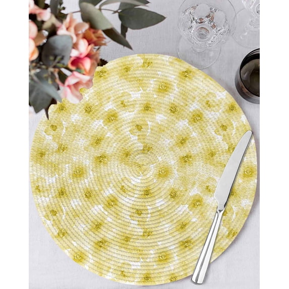 13 Inch Round Placemats Set of 6, Yellow Flowers Non Slip Heat Insulation PP Table Mats, Rustic Floral Leaves Garden Country Washable Place Mats for Kitchen Dining Party Table Decor
