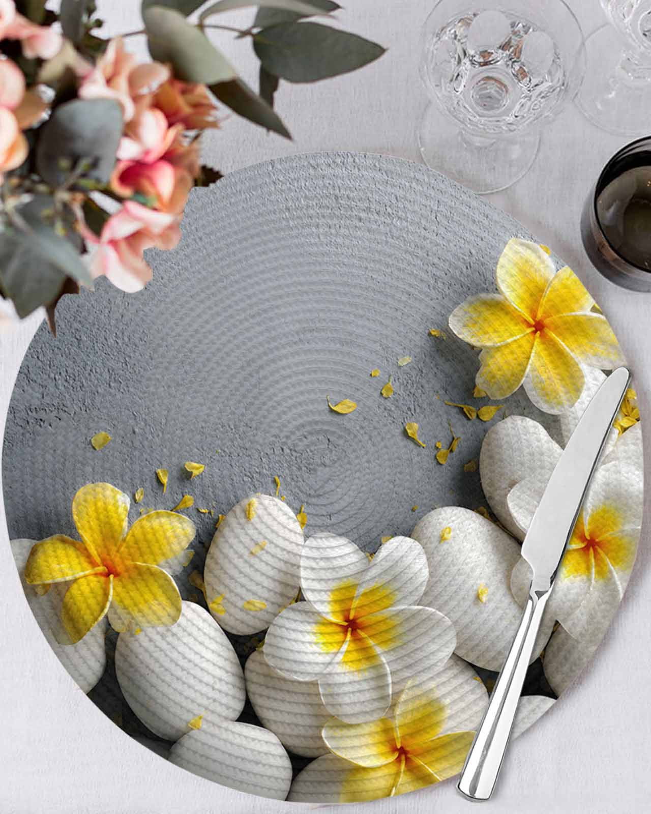 13 Inch Round Placemats Set of 6, Yellow Plumeria Flower Non Slip Heat ...