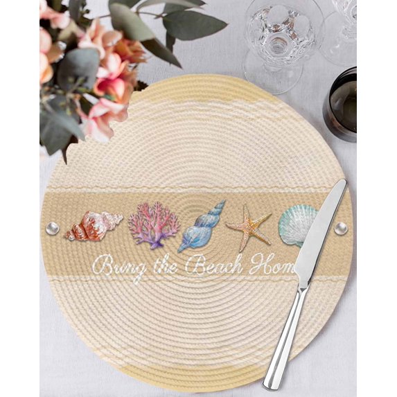 13 Inch Round Placemats Set of 6, Yellow Summer Coastal Non Slip Heat Insulation PP Table Mats, Modern Ocean Waves Starfish Shell Washable Place Mats for Kitchen Dining Party Table Decor