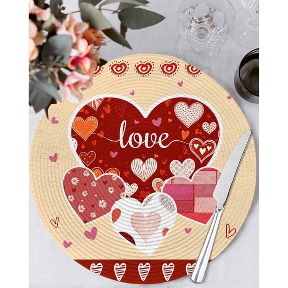 13 Inch Round Placemats Set of 6, Yellow Valentines Day Non Slip Heat Insulation PP Table Mats, Love Hearts Romantic Farmhouse Washable Place Mats for Kitchen Dining Party Table Decor