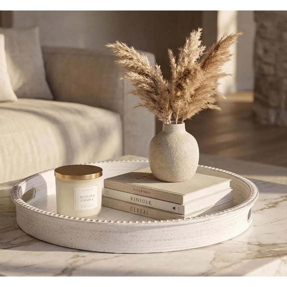13 Inch Round White Centerpiece Tray with Handles - Distressed Wood Grain Plastic Serving Platter for Coffee Table, Rustic Farmhouse Decor, Candle & Perfume Organizer