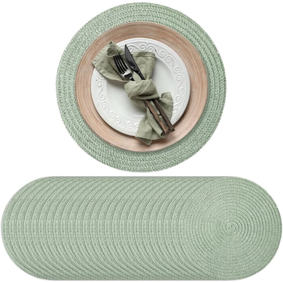 13 Inch Round Woven Placemats Set of 24 Braided Boho Place Mats Straw Non Slip Heat Resistant Mats Rustic Dinner Table Chargers for Wedding Party Home Dining Centerpiece(Sage Green)