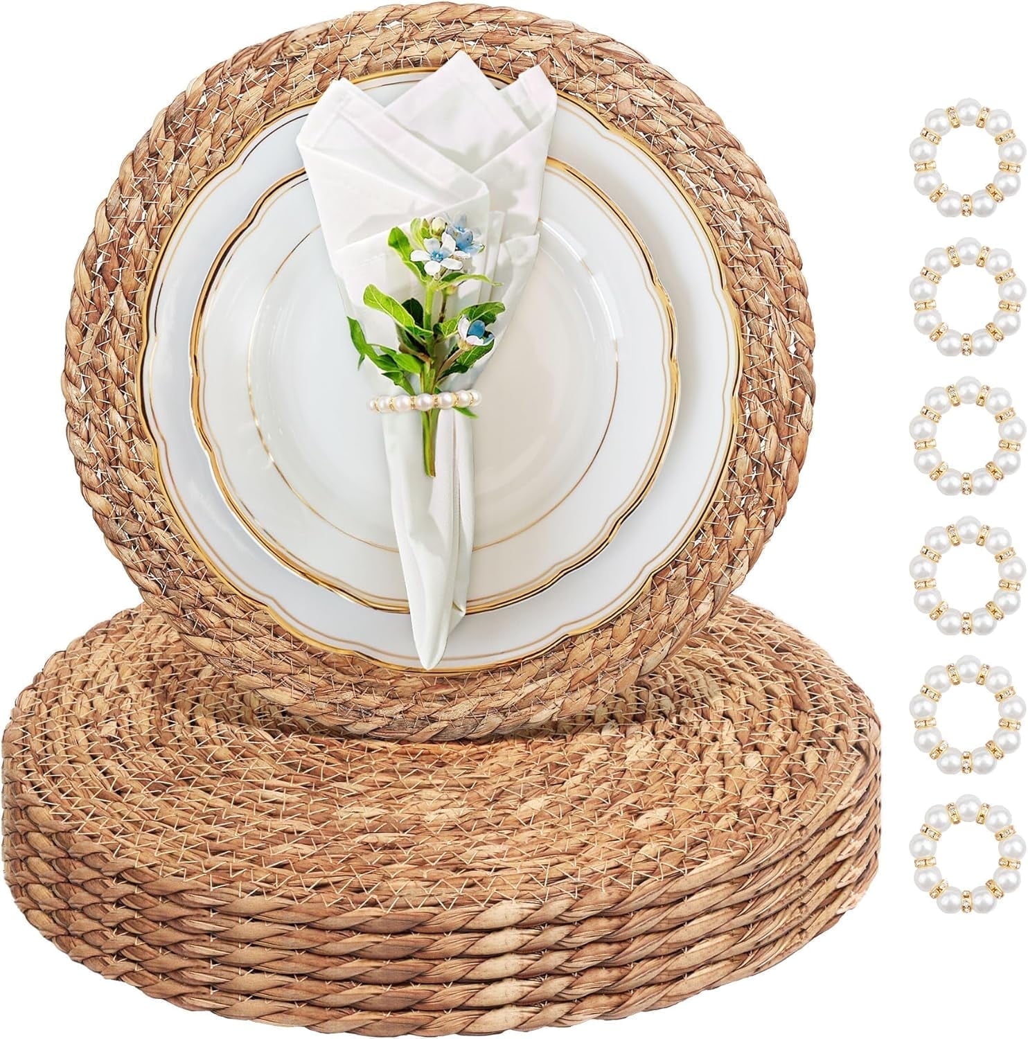 13 Inch Round Woven Placemats Set of 6, Contains 6Pcs Boho Rattan Placemats and 6 Pcs Pearl Napkin Rings, Natural Water Hyacinth Table Placemats, Plate Chargers for Kitchen, Wedding Decor