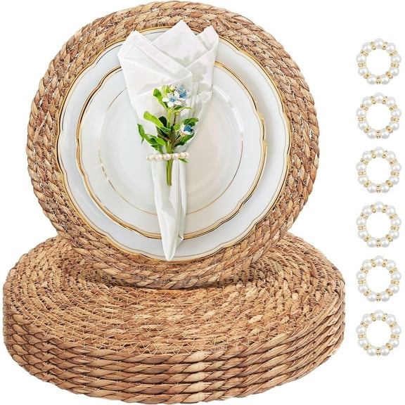 13 Inch Round Woven Placemats Set of 6, Contains 6Pcs Boho Rattan Placemats and 6 Pcs Pearl Napkin Rings, Natural Water Hyacinth Table Placemats, Plate Chargers for Kitchen, Wedding Decor