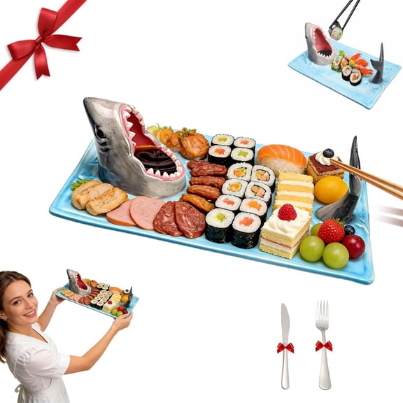 13 Inch Shark Shaped Charcuterie Board – Food Safe Ceramic Serving Board with Built-in Sauce Bowl & Chopstick Rest, Ideal for Sushi Nights, Cheese Boards, Parties, and Gifts