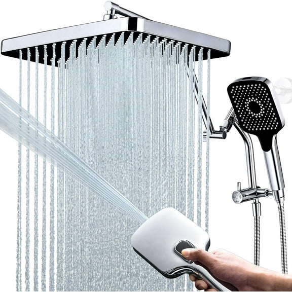 13-Inch Shower Heads with Multi-Function Handheld Sprayer Combo, 3-Way Metal Extended Diverter with Holder and Metal Adjustable Shower Extension Arm, Extra Long Hose(Chrome)