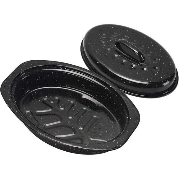 13 Inch Small Roasting Pan with Lid - Covered Oval Roaster - Enamel Carbon Steel Roaster Pot - Excellent Heat Distribution and Non-sticky - for Turkey Chicken Meat & Vegetables